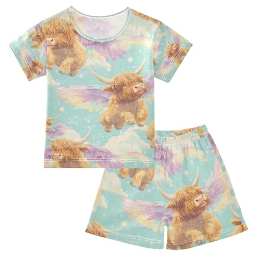 senya Highland Cattle with Wings Summer Pajamas Set Short Cotton Sleepwear 2 Piece