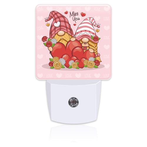Image of Valentine's Day Gnome Couple Night Light for Kids, Gnomes with Love Red Hearts Night Light Plug in with Dusk to Dawn Sensor,0.5w Energy Saving Nightlight for Hallway Stairway Kitchen Bedroom
