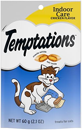 TEMPTATIONS Indoor Care Crunchy and Soft Cat Treats, Chicken Flavor, 2.1 oz. Pouch (Pack of 12)