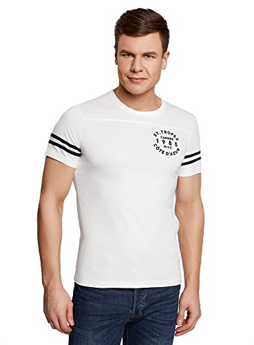 oodji Ultra Hombre Camiseta de Algodón con Franjas Contrastadas en Las Mangas, Blanco, ES 46-48 / S