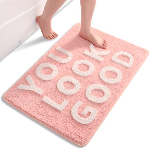 QJHOMO Tappeto da bagno rosa e bianco, piccolo, antiscivolo, lavabile, grazioso tappeto da bagno, decorazione per il bagno, morbido, in microfibra, morbido, assorbente, 55 x 81 cm