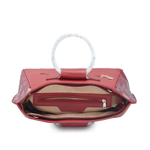 Image of Caprese Fiorella Satchel, Burgundy-Large | Stylish Floral Printed Shoulder Bag for Women with Adjustable Sling Strap | Easy Back Access Pocket & Spacious | Perfect for Office & Daily Essentials