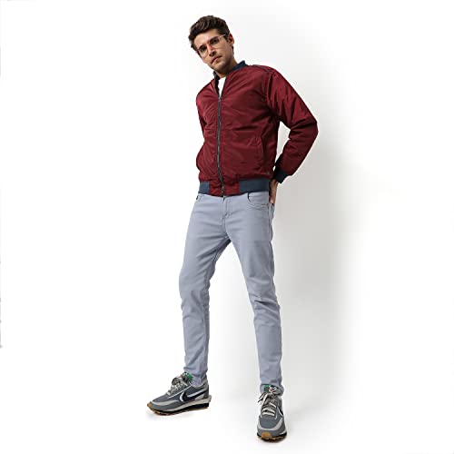 Image of Campus Sutra Men's Maroon Solid Puffer Regular Fit Bomber Jacket For Winter Wear | Low-Cut Standing Collar | Full Sleeve | Zipper | Casual Jacket For Man | Western Stylish Jacket For Men