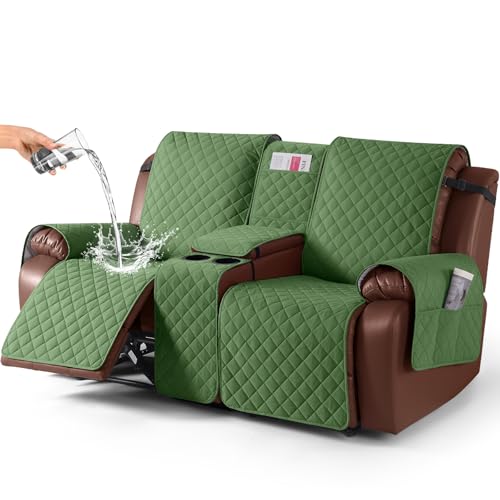 Image of KinCam 100% Waterproof Recliner Loveseat Cover with Console, Non-Slip Reclining Couch Covers for 2 Seat, Recliner Sofa Cover Furniture Protector with Elastic Straps for Kids, Pets, Vine Green