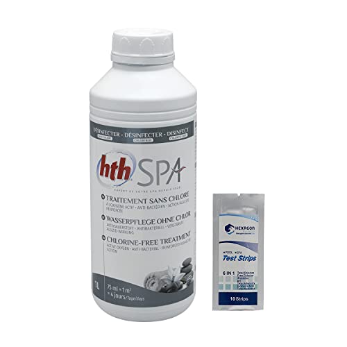 HTH Spa Traitement sans Chlore Liquide - 1L | Désinfection Régulière sans Chlore - Traitement Multifonction + 10 Tests HPS OFFERTS 6 en 1