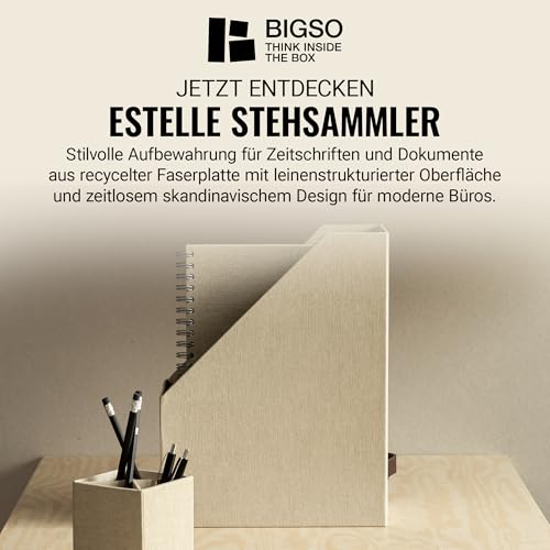 BIGSO ESTELLE Stehsammler für Zeitschriften, Magazine und Akten – praktischer Organizer aus Faserplatte und Papier in Leinenoptik – stabiler Zeitschriftenhalter mit Griff – beige