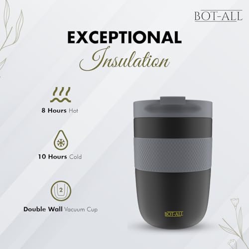 Image of BOT-All Grip Cup Made with Double Wall 304 Stainless Steel, Premium Cup with Silicone Grip, Powder Coating Finish, Keeps Drinks Hot /Cold for 8 /10 Hours, Car Cup Holder Friendly (Black - 250ml)