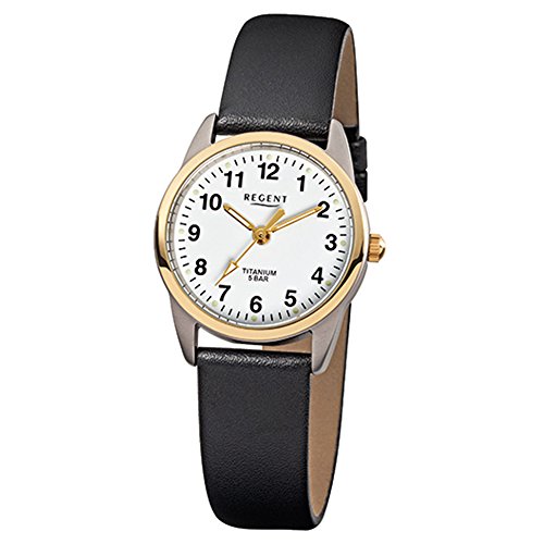 Regent Damen-Armbanduhr Elegant Analog Leder-Armband schwarz Quarz-Uhr Ziffernblatt weiß URF661