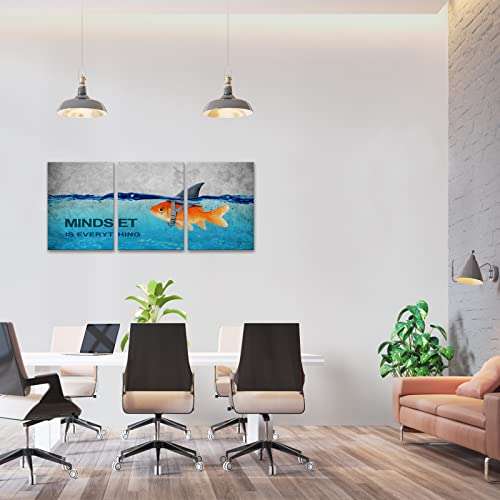 Kawahone 3 Panels Modern Framed Inspirational Quote Canvas Wall Art-Mindset Is Everything Goldfish Strong Shark Motivational Posters Framed, Bathroom Bedroom Office Decor Framed Ready To Hang #TOP1
