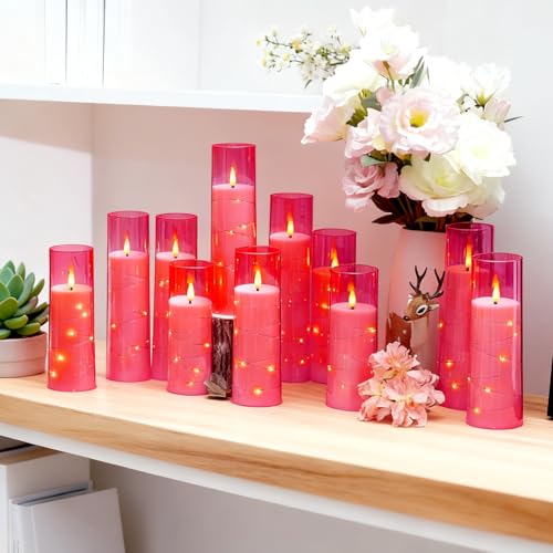 Image of Sasigeiaa Flameless Candles with Embedded Star String - Battery Operated LED Candles, with Remote,12 Pink Flickering Candles for Christmas, Weddings, Home Decor & Party,(D 2.3 inchxH 5 inch 6 inch 7 inch)