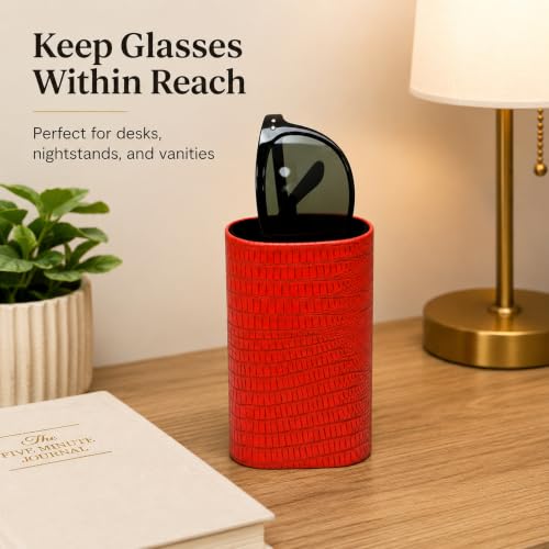 Image of Calabria Desktop Eye Glasses Holder Soft Lining Weighted Base Eyeglasses Stand Case Desks Nightstands PU Leather Mens Womens
