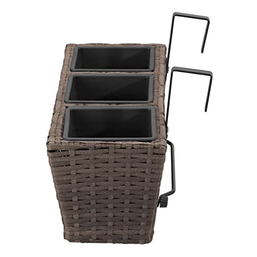 Jardinera para balcón de polyrattan Incluye suspensión y 3 Insertos plásticos, Color Mocca, 4 Piezas, 47 x 17 x 15 cm