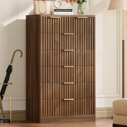 Image of TEENOFN Fluted Dresser for Bedroom with 7 Drawers, 48 inch Tall Modern Chest of Drawers with Metal Handle, Wooden Dresser TV Stand, Wood Closet Clothes Storage Organizer for Living Room, Hallway, Walnut