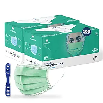 Medohealthy Careview 3 Ply Disposable Face Masks (Pack of 100,Green) with nose pin with Melt blown layer