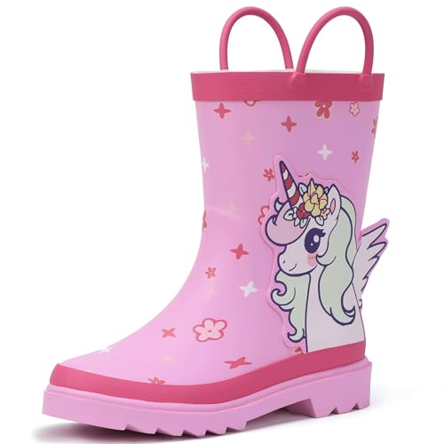 Hehainom Toddler Kids Rain Boots for Boys Girls Waterproof Easy-on Handles Rainboots