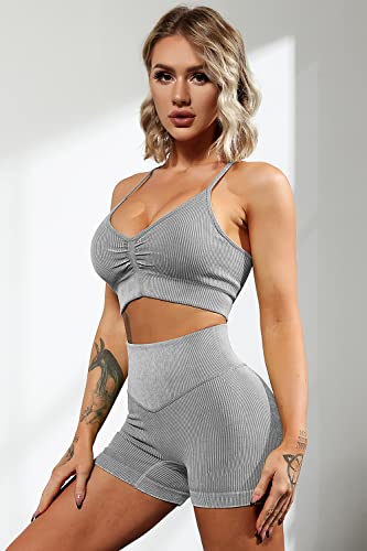 Qinsen 2 Piece Workout Set For Women Ribbed Spaghetti Straps Crop Tank Tummy Control Shorts Seamless Activewear Grey L #TOP3