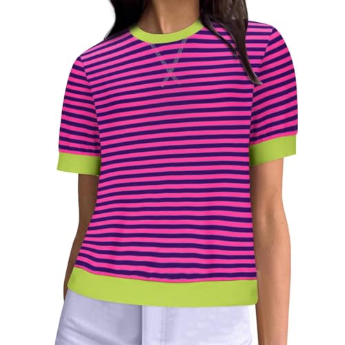 Camiseta Mujer Manga Corta Verano Estampado Raya Moda Suelto Casual Cuello Redondo Tumblr Tops Fiesta T-Shirt Camisa Elegante Cómodo Original Basic tee Deportiva Talla Grande
