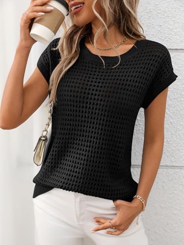Image of Womens Crochet Cap Sleeve Sweater Summer Crew Neck Casual Hollow Out Knit Tops Pullover Trendy Beach Cover Ups Outfits