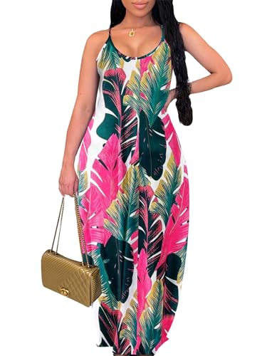 Image of Summer Dresses for Women Spaghetti Strap Beach Floor Length Maxi Sundresses | Floral Print,Casual,with Pockets