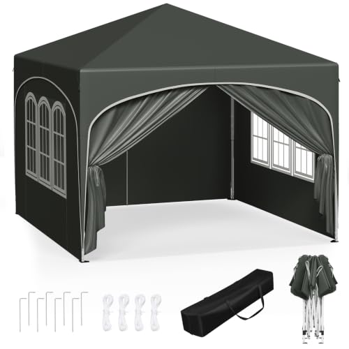 WOLTU Pabellón de Jardín Cenador Plegable Pérgola con Techo Carpa para Exteriores de Tela Oxford, 3x3 m, con Paredes Laterales Altura Ajustable para Camping y Playa,Gris