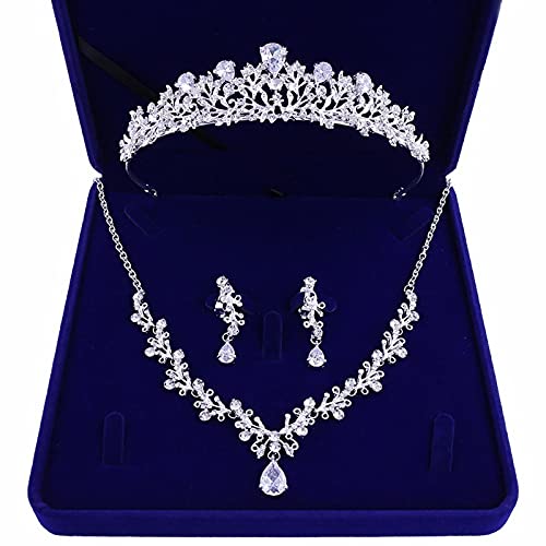 VVXXMO Boda Nupcial Cristal racimo Collar de circón Pendientes Colgantes Corona Tiara Conjunto de Joyas con Caja de Regalo (Plata/Oro) Conjunto de Joyas Nupciales para Bodas Dorado Plateado Simple