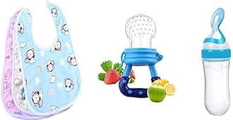 BabyGo Baby Feeding Combo | Waterproof Apron Bibs (3 Pcs) + Fruit Nibbler (1 Pc) + 90ml Silicone Squeeze Bottle (1 Pc), Soft, Washable & Reusable Feeding Essentials for Infants & Toddlers