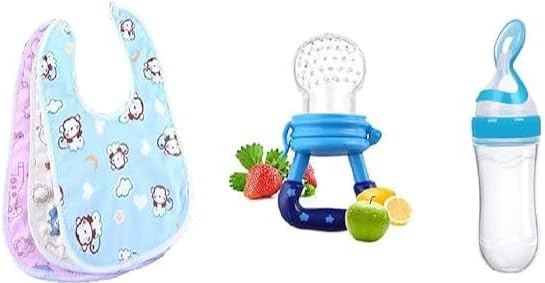 BabyGo Baby Feeding Combo | Waterproof Apron Bibs (3 Pcs) + Fruit Nibbler (1 Pc) + 90ml Silicone Squeeze Bottle (1 Pc), Soft, Washable & Reusable Feeding Essentials for Infants & Toddlers