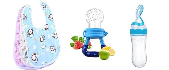 BabyGo Baby Feeding Combo | Waterproof Apron Bibs (3 Pcs) + Fruit Nibbler (1 Pc) + 90ml Silicone Squeeze Bottle (1 Pc), Soft, Washable & Reusable Feeding Essentials for Infants & Toddlers