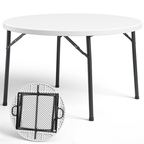 MAKE CHANGES 48 Folding Round Table 48 inch Plastic Commercial Round Dinner Table with Foldable Steel Legs Portable Card Table for Party Events Indoor Outdoor White