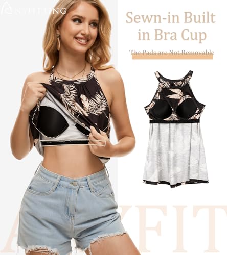 Image of Women Halter Tank Top with Built in Bra Flowy Sleevless Padded Camisole Loose Fit Summer Shirt Top S-3XL