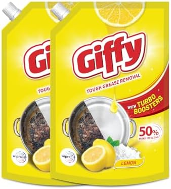 Giffy Liquid Dishwash Gel 900ml (Pack of 2) | Lemon and Active Salt | 50% More Effective | Tough Grease Removal Expert | Turbo Boosters | Mild fragrance | Removes Tough Malodour | Hand-Safe