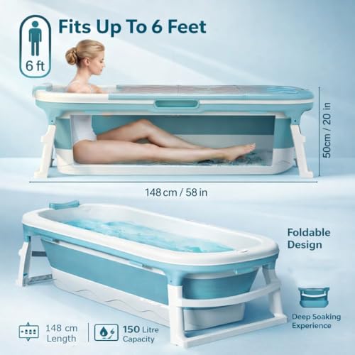 Image of Hukimoyo 6 Feet Bathtub for Adults (148x62x50 cm) Foldable with Temperature Meter & Bath Pillow Portable bath tub for Bathtroom Spa Tub Home Freestanding Hot & Ice Bath For Adults