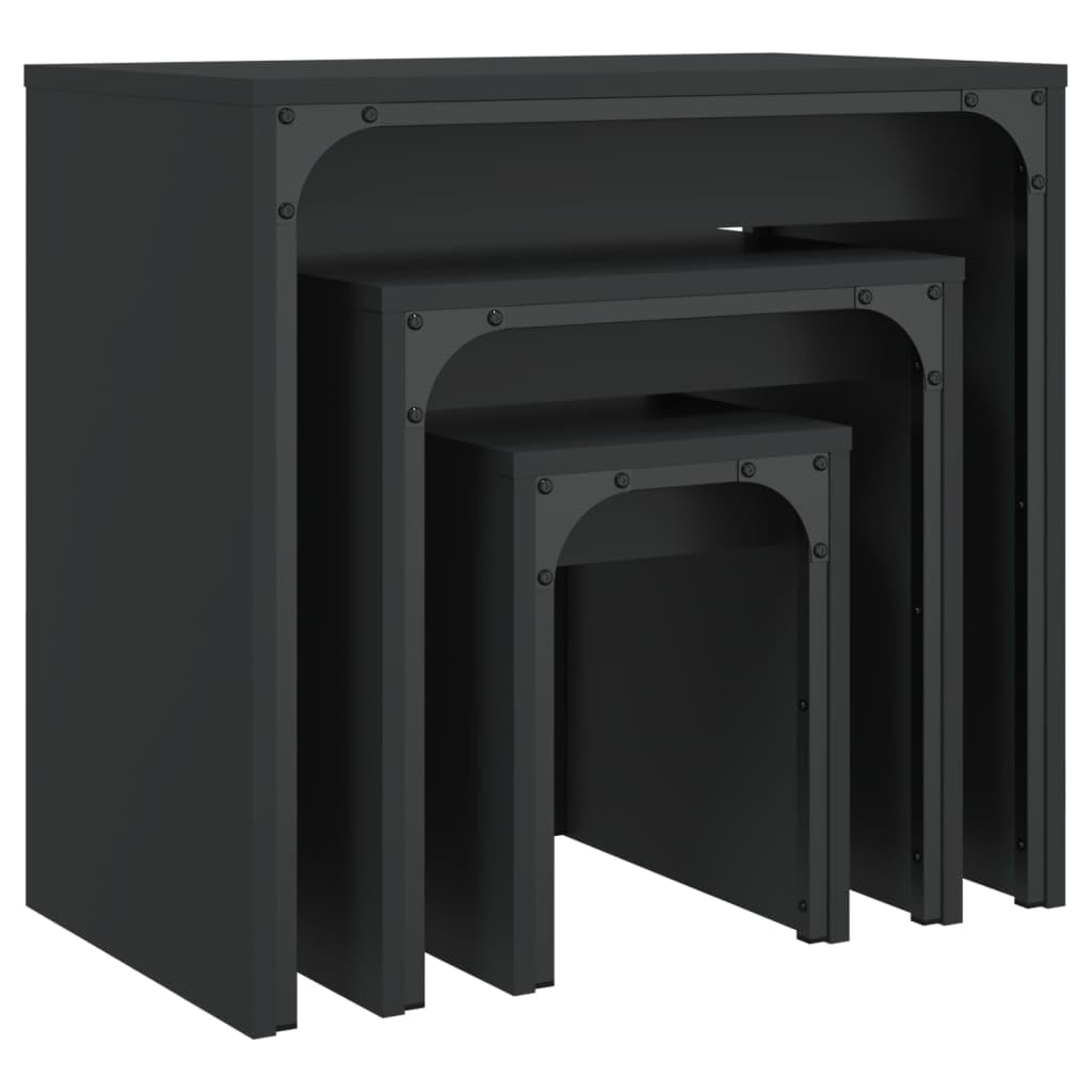 Juego de 3 Mesas Nido, Material Madera de Ingeniería y Metal, Diseño Industrial Apilable, Multifuncional y Compacto, Mesa Auxiliar Sofá, Muebles de Salón, Color Negro, 60x35x56 cm