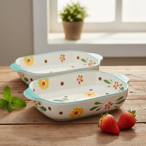 HENIJ Ceramics Rectangular Baking Dishes with Handle for Oven Ceramic Baking Pan Lasagna Casserole Pan Individual Bakeware (Light Green, Pack Of 2)