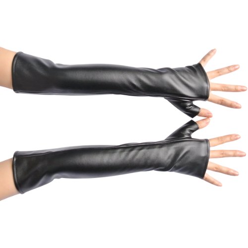NAVADEAL Black PU Faux Leather Long Arm Warmer Dress Up Fingerless Gloves Halloween Costume Party Cosplay