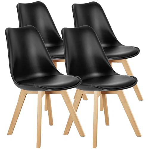 OLIXIS Modern Dining Chairs Set of 4, PU Leather Upholstered Kitchen Chairs with Wood Legs, Mid Century Accent Chairs for Living Room, Bedroom, Outdoor Lounge, Black