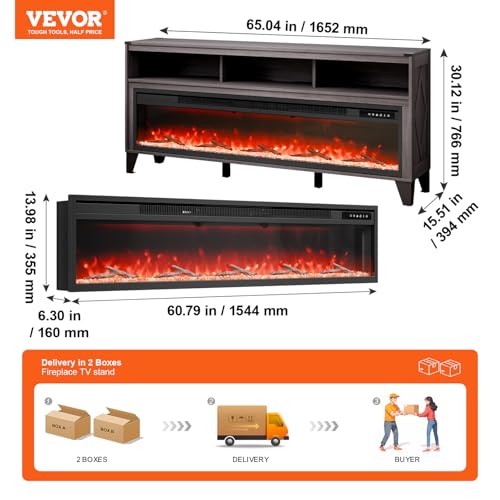 Image of VEVOR 80 inch Fireplace TV Stand, Media Storage Corner with 60 inch Fireplace, Storage Drawers & Cabinets, Industrial Style TV Console Table with 20 Flames, Remote Control & Timer for Living Room, Black