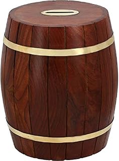 Ajuny Handcrafted Wooden Barrel Shape Piggy Bank with Brass Accents Artisan Artifact Size 7x5 Inches