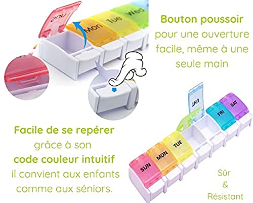 Pilulier Semainier FRANCAIS 7 jours | Pilules, Medicament Pour chaque jour de semaine | Rangement Grande capacité | Ouverture facile |Ideal Voyage| Accessoire médicaux Arc-en-ciel Sans BPA – Image 4