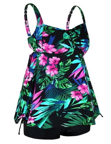 Hilor Womens Tankini Swimsuits Paisley Print Two Piece Bathing Suits Loose Fit Swimwear with Shorts Green&Red Floral 24 - Thumbnail 4