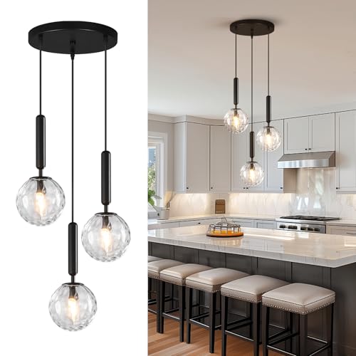 Image of Mid Century Globe Pendant Light with Clear Glass for Kitchen Island Modern Balck Finish Hanging Light Fixture Retro Round Pendant Lighting for Living Room Bedroom Entryway(3 Lights)