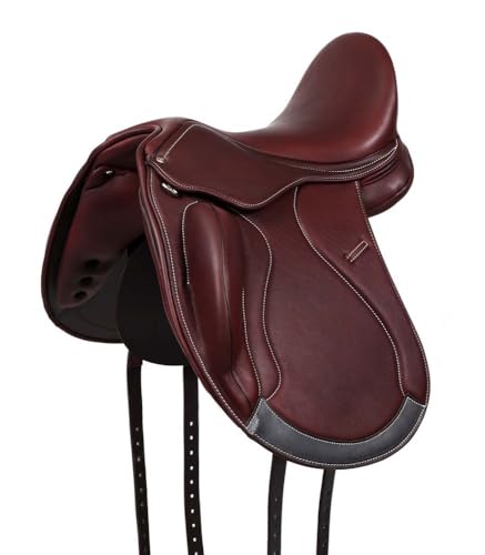 A&M Reitsport Selle de dressage Chester en cuir, tête interchangeable, arbre en polyflex, rouge/marron, taille : 18,5