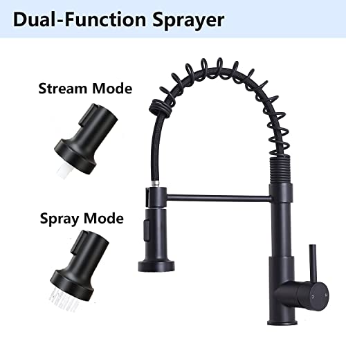 Shaco Matte Black Kitchen Faucet With Pull Down Sprayer, Modern Stainless Steel Single Handle Spring Kitchen Faucets For Farmhouse Outdoor Rv Camper Laundry Prep Wet Bar Sink 1 Hole #TOP2