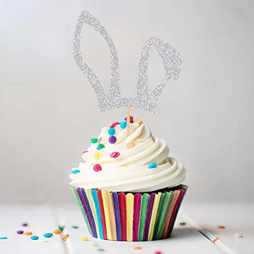 24Pcs Silver Glitter Bunny Ear Cupcake Toppers Easter Rabbit Ear Cake Toppers Food Picks Cake Decoration For Easter Spring Holiday Party Suppliers #TOP4