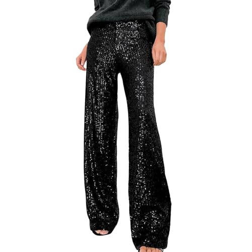 Image of Womens Casual Sparkly Sequin Pants High Waisted Straight Wide Leg Palazzo Bell Bottom Long Pants Pull On Comfy Disco Themed Party Clubwear Vintage Y2K Streetwear Outfits Black