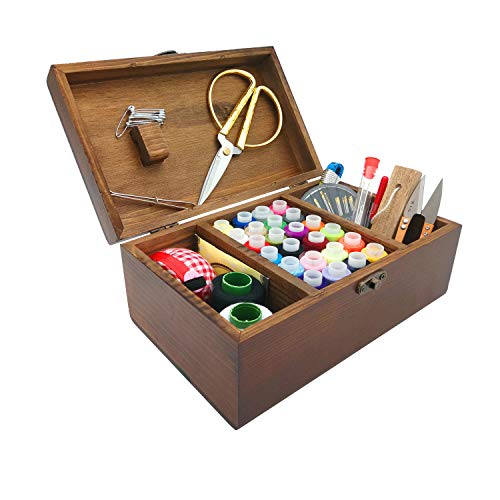 Sewing Kit Box Basket, Wooden Hand Home Sewing Repair Tool Kit, Beginner Universal Sew Kit Accessories for Women, Men, Adults, Girls, Kids