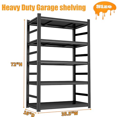 Image of Heavy Duty Metal Garage Shelving Unit, 5 - Tier Adjustable Large Storage Shelves, 3000LBS for Garage & Basement and Pantry Industrial Steel Rack, Ideal for Tool Organization & Storage, Black, 72 inchH