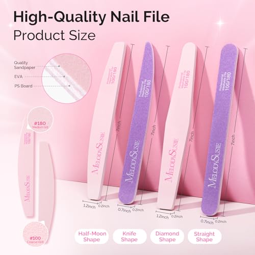 Image of MelodySusie 4Pcs Professional Nail Files 100 /180 Grit, Double Sided Emery Boards for Acrylic, Gel and Natural Nails, Manicure Pedicure Shaping Tools for Home Salon, Pink & Purple
