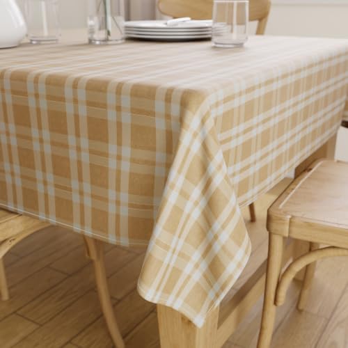 Image of Encasa XO Cotton Rectangular Table Cloth for 6 to 8 Seater | (145x240 cm) | Franca Beige Checks | Dining Tablecloth for Decoration