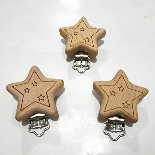 Image of 5pcs Natural Wood Suspender Pacifier Clips Cute Beech Wooden Animal Start Shape Clips DIY Beading Pacifier Chain Accessory